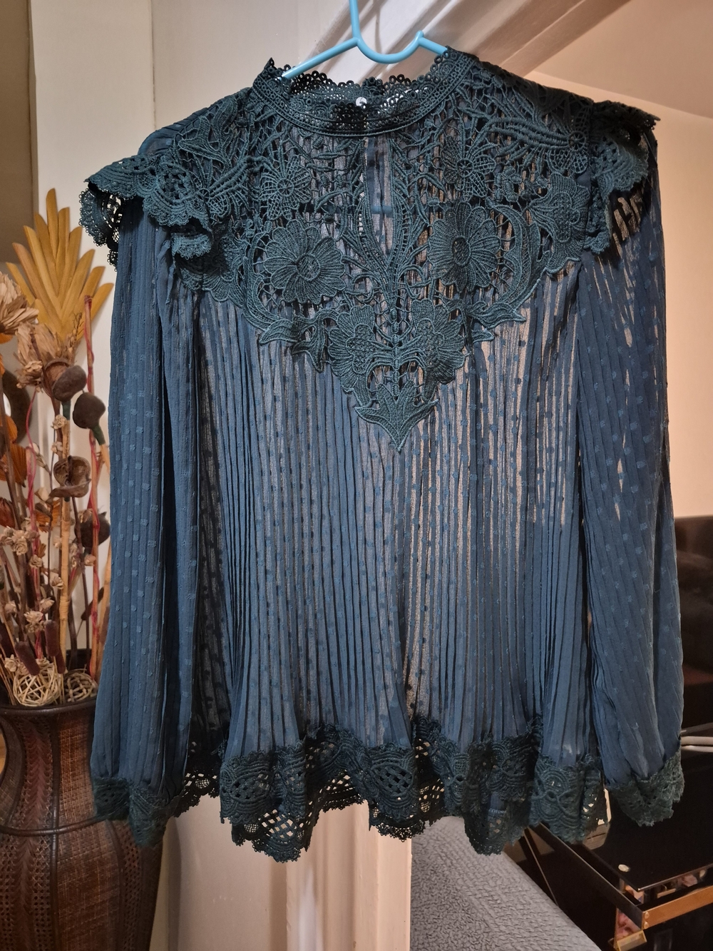 Elegant Dark Teal Lace Yoke Blouse - Women Tops - Picture 4 of 11